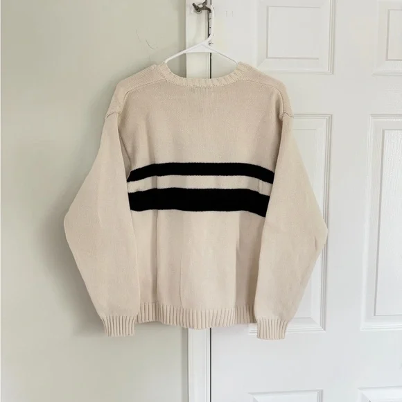 VTG J. Crew Men's Knit Sweater M 100% Cotton White Stripe V Neck USA Made Preppy